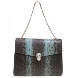 Pre Owned حقيبة كتف بلغاري فوريفر سيربينتي كبيرة جلد ثعبان تركواز/ بنية