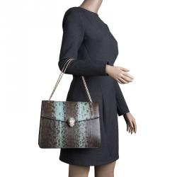 Pre Owned حقيبة كتف بلغاري فوريفر سيربينتي كبيرة جلد ثعبان تركواز/ بنية