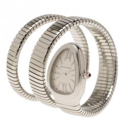 Bvlgari Silver Opaline Stainless Steel Serpenti Tubogas Double Spiral Women's Wristwatch 35MM
