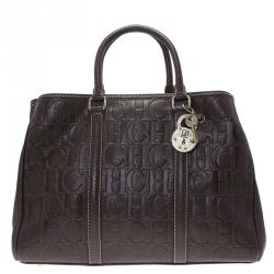 Carolina Herrera Choco Brown Monogram Leather Matteo Tote