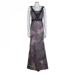 Pre Owned Carolina Herrera Purple Floral Corded Embellishment Detail Silk Gown L