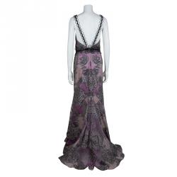 Pre Owned Carolina Herrera Purple Floral Corded Embellishment Detail Silk Gown L