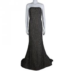 مملوكة مسبقًا Carolina Herrera Brown Cloque Embellished Strapless Gown L
