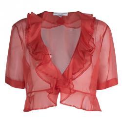 Pre Owned Carolina Herrera Red Organza Ruffle Detail Sheer Bolero Jacket XL