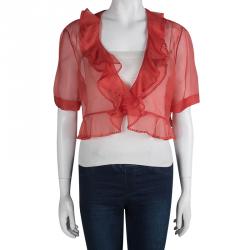 Pre Owned Carolina Herrera Red Organza Ruffle Detail Sheer Bolero Jacket XL