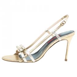 Pre Owned Carolina Herrera Gold Leather Bow Detail Slingback Sandals Size 40