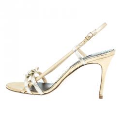 Pre Owned Carolina Herrera Gold Leather Bow Detail Slingback Sandals Size 40