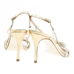 Pre Owned Carolina Herrera Gold Leather Bow Detail Slingback Sandals Size 40