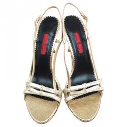 Pre Owned Carolina Herrera Gold Leather Bow Detail Slingback Sandals Size 40