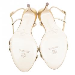 Pre Owned Carolina Herrera Gold Leather Bow Detail Slingback Sandals Size 40
