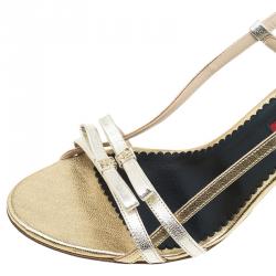 Pre Owned Carolina Herrera Gold Leather Bow Detail Slingback Sandals Size 40