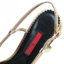 Pre Owned Carolina Herrera Gold Leather Bow Detail Slingback Sandals Size 40