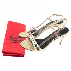 Pre Owned Carolina Herrera Gold Leather Bow Detail Slingback Sandals Size 40