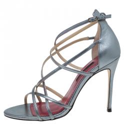 Pre Owned Carolina Herrera Silver Leather Strappy Sandals Size 38 