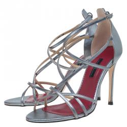 Pre Owned Carolina Herrera Silver Leather Strappy Sandals Size 38 