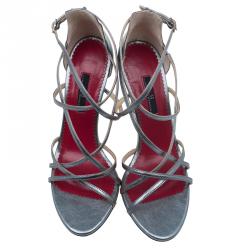 Pre Owned Carolina Herrera Silver Leather Strappy Sandals Size 38 