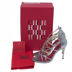 Pre Owned Carolina Herrera Silver Leather Strappy Sandals Size 38 