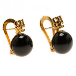 Pre Owned CH Carolina Herrera Black Pearl Gold Tone Metal Logo Earrings