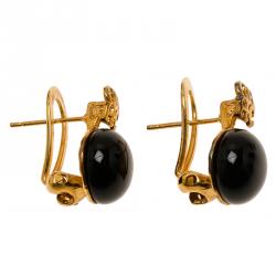 Pre Owned CH Carolina Herrera Black Pearl Gold Tone Metal Logo Earrings