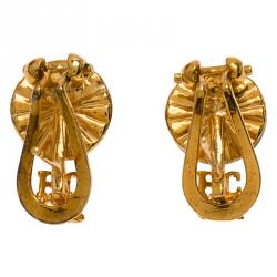 Pre Owned CH Carolina Herrera Black Pearl Gold Tone Metal Logo Earrings