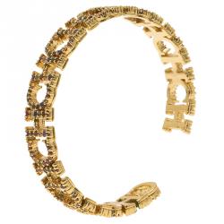 Pre Owned CH Carolina Herrera Logo Multicolored Crystals Gold Tone Cuff Bracelet