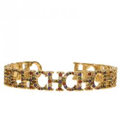 Pre Owned CH Carolina Herrera Logo Multicolored Crystals Gold Tone Cuff Bracelet