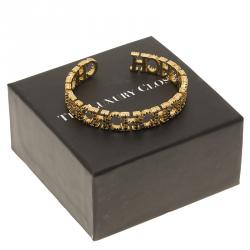 Pre Owned CH Carolina Herrera Logo Multicolored Crystals Gold Tone Cuff Bracelet