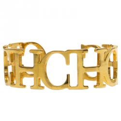Pre Owned CH Carolina Herrera Logo Gold Tone Cuff Bracelet