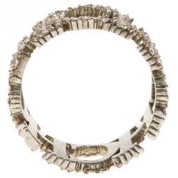 Pre Owned CH Carolina Herrera Crystal Studded Logo Silver Tone Ring Size 57