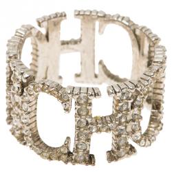 Pre Owned CH Carolina Herrera Crystal Studded Logo Silver Tone Ring Size 57