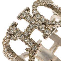 Pre Owned CH Carolina Herrera Crystal Studded Logo Silver Tone Ring Size 57