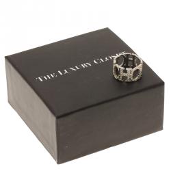 Pre Owned CH Carolina Herrera Crystal Studded Logo Silver Tone Ring Size 57