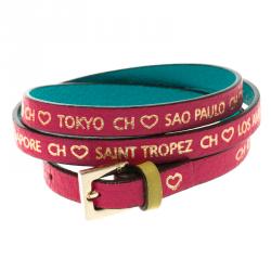 Pre Owned Carolina Herrera Pink Leather Gold Tone Wrap Bracelet