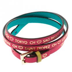 Pre Owned Carolina Herrera Pink Leather Gold Tone Wrap Bracelet