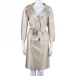 Carolina Herrera Beige Silk Skirt Suit L