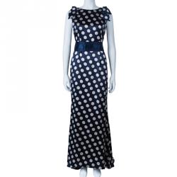 Carolina Herrera Blue Polka-dot Belted Gown M