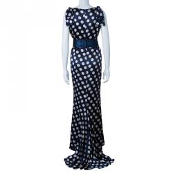 Carolina Herrera Blue Polka-dot Belted Gown M