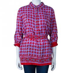 Carolina Herrera Purple Red Houndstooth Printed Top L