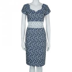 Carolina Herrera Blue and White Jacquard Cap Sleeve Dress M
