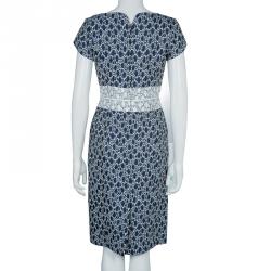 Carolina Herrera Blue and White Jacquard Cap Sleeve Dress M