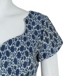 Carolina Herrera Blue and White Jacquard Cap Sleeve Dress M