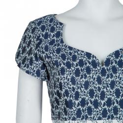 Carolina Herrera Blue and White Jacquard Cap Sleeve Dress M