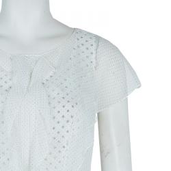 مملوكة مسبقًا Carolina Herrera White Polka Dot Pintucked Ruffle Detail Cap Sleeve Dress M