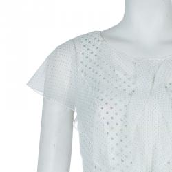 مملوكة مسبقًا Carolina Herrera White Polka Dot Pintucked Ruffle Detail Cap Sleeve Dress M