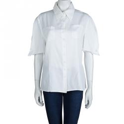 Pre Owned Carolina Herrera White Textured Cotton Cutout Back Detail Short Sleeve Shirt XL