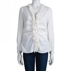 Pre Owned Carolina Herrera White Ruffle Detail Long Sleeve Top L