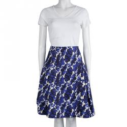 Pre Owned Carolina Herrera Blue Silk Floral Printed Box Pleat Skirt XL