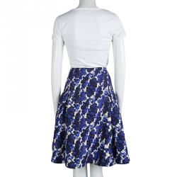 Pre Owned Carolina Herrera Blue Silk Floral Printed Box Pleat Skirt XL