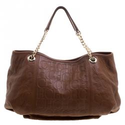 Pre Owned Carolina Herrera Brown Monogram Embossed Leather Dahlia Hobo