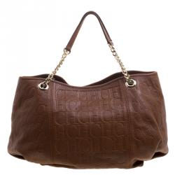 Pre Owned Carolina Herrera Brown Monogram Embossed Leather Dahlia Hobo